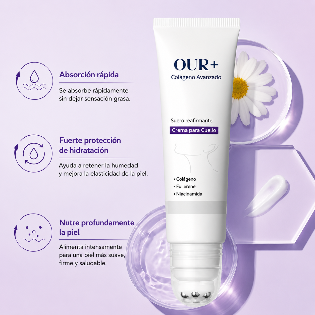 Crema de masaje para el cuello con rodillo 🧴 Colágeno y ácido hialurónico | Reafirma el cuello, reduce las arrugas y la papada