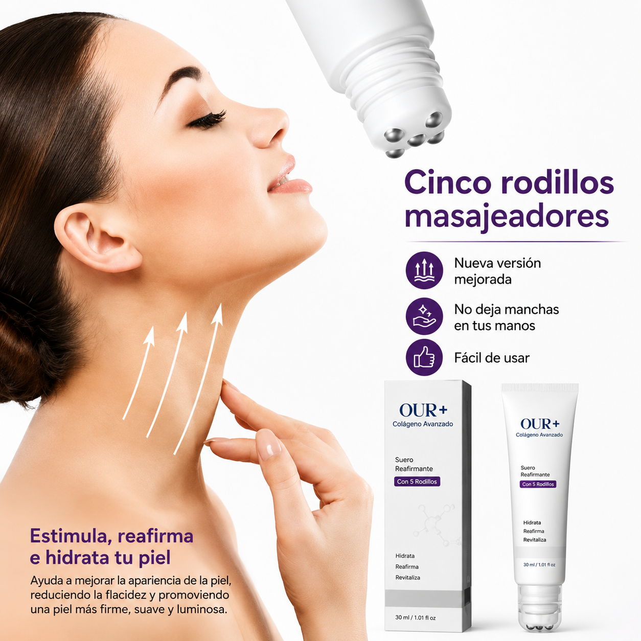 Crema de masaje para el cuello con rodillo 🧴 Colágeno y ácido hialurónico | Reafirma el cuello, reduce las arrugas y la papada